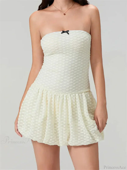 Heart Texture Bow Trim Strapless Bubble Hem Mini Dress