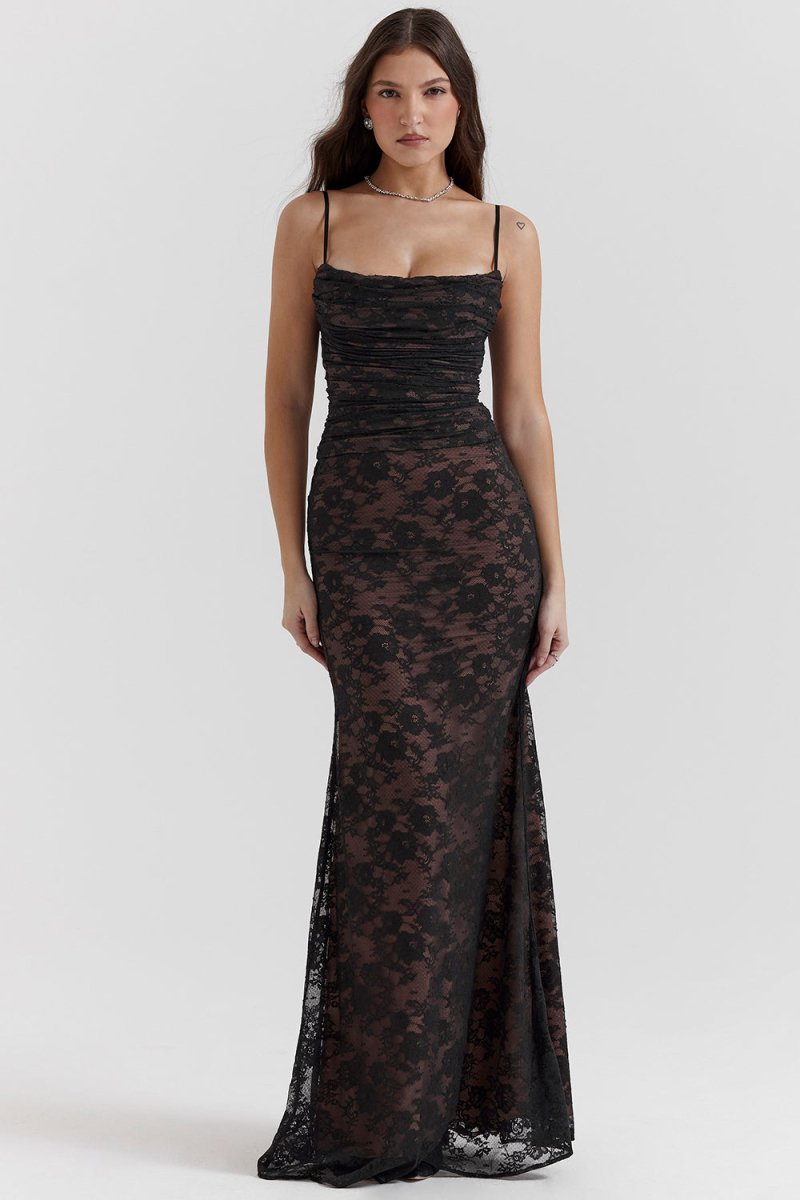 Floral Lace Cowl Neck Spaghetti Strap Bolero Shrug Maxi Dress