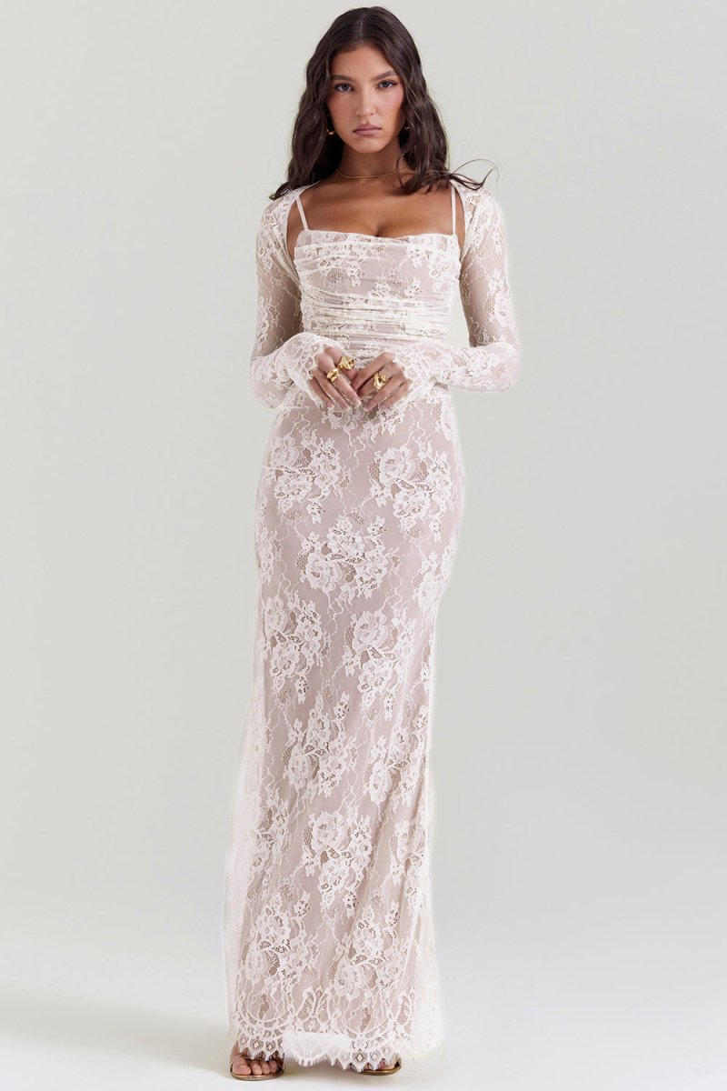 Floral Lace Cowl Neck Spaghetti Strap Bolero Shrug Maxi Dress