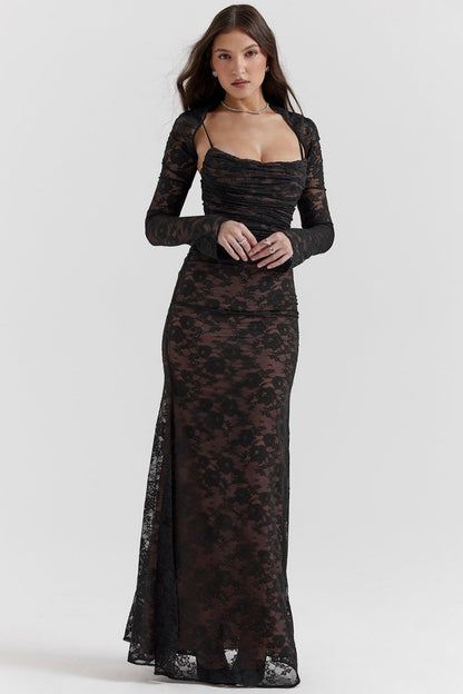 Floral Lace Cowl Neck Spaghetti Strap Bolero Shrug Maxi Dress