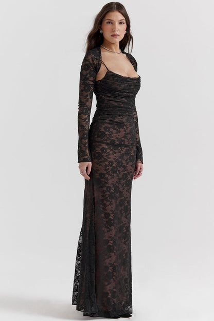 Floral Lace Cowl Neck Spaghetti Strap Bolero Shrug Maxi Dress