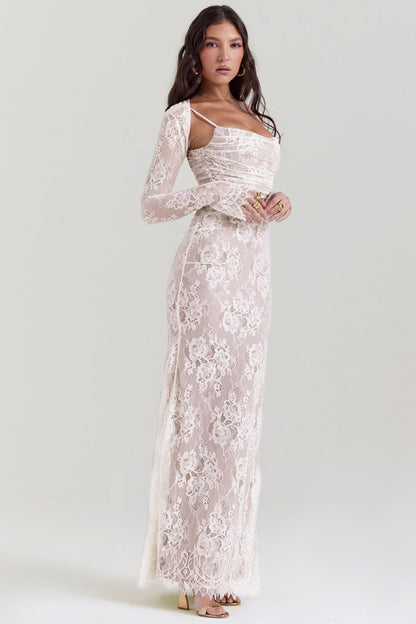 Floral Lace Cowl Neck Spaghetti Strap Bolero Shrug Maxi Dress