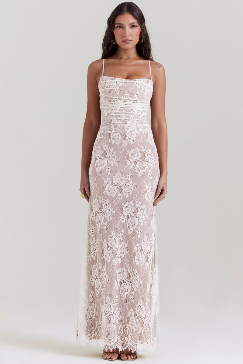 Floral Lace Cowl Neck Spaghetti Strap Bolero Shrug Maxi Dress