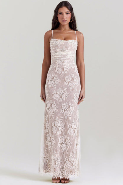 Floral Lace Cowl Neck Spaghetti Strap Bolero Shrug Maxi Dress