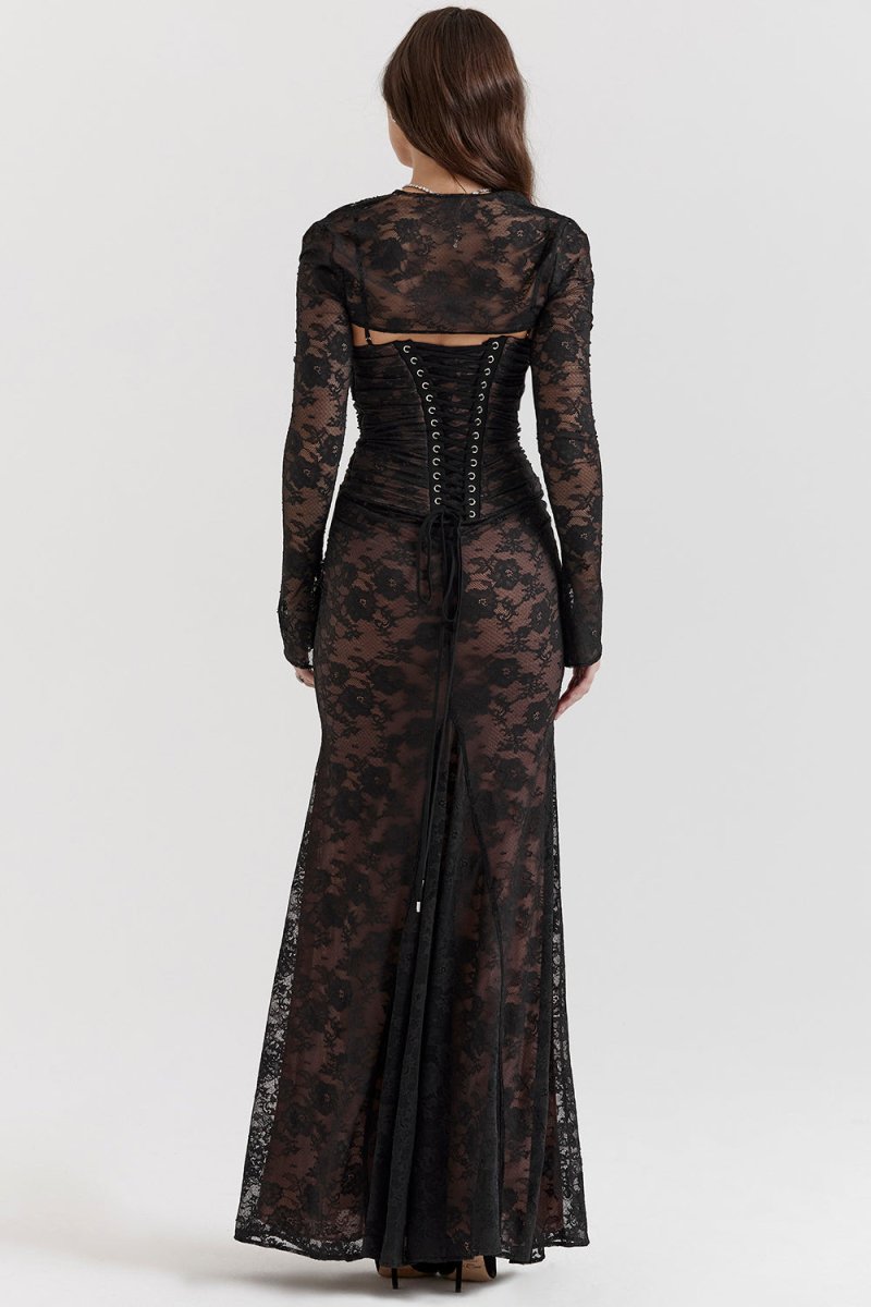 Floral Lace Cowl Neck Spaghetti Strap Bolero Shrug Maxi Dress