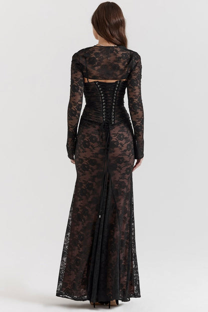 Floral Lace Cowl Neck Spaghetti Strap Bolero Shrug Maxi Dress