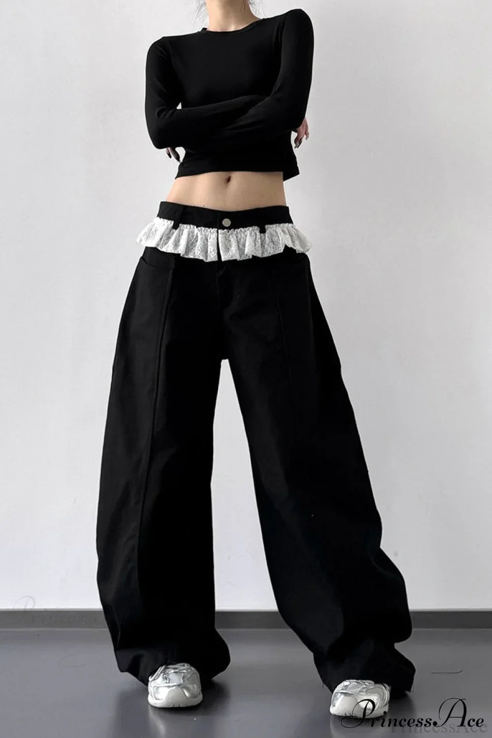 Lace Panel High Waist Wide Leg Jeans