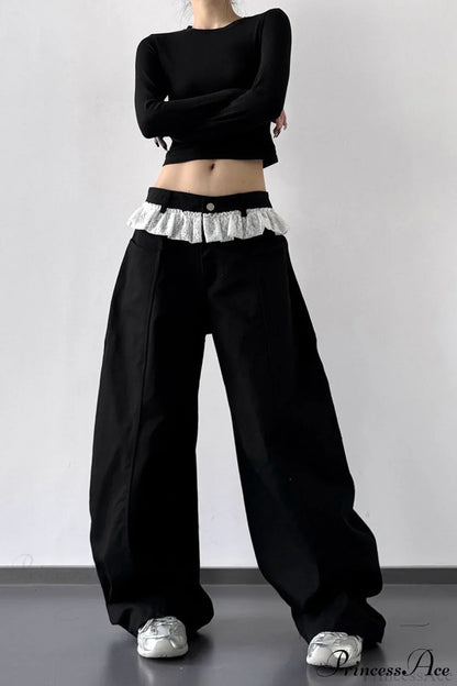 Lace Panel High Waist Wide Leg Jeans