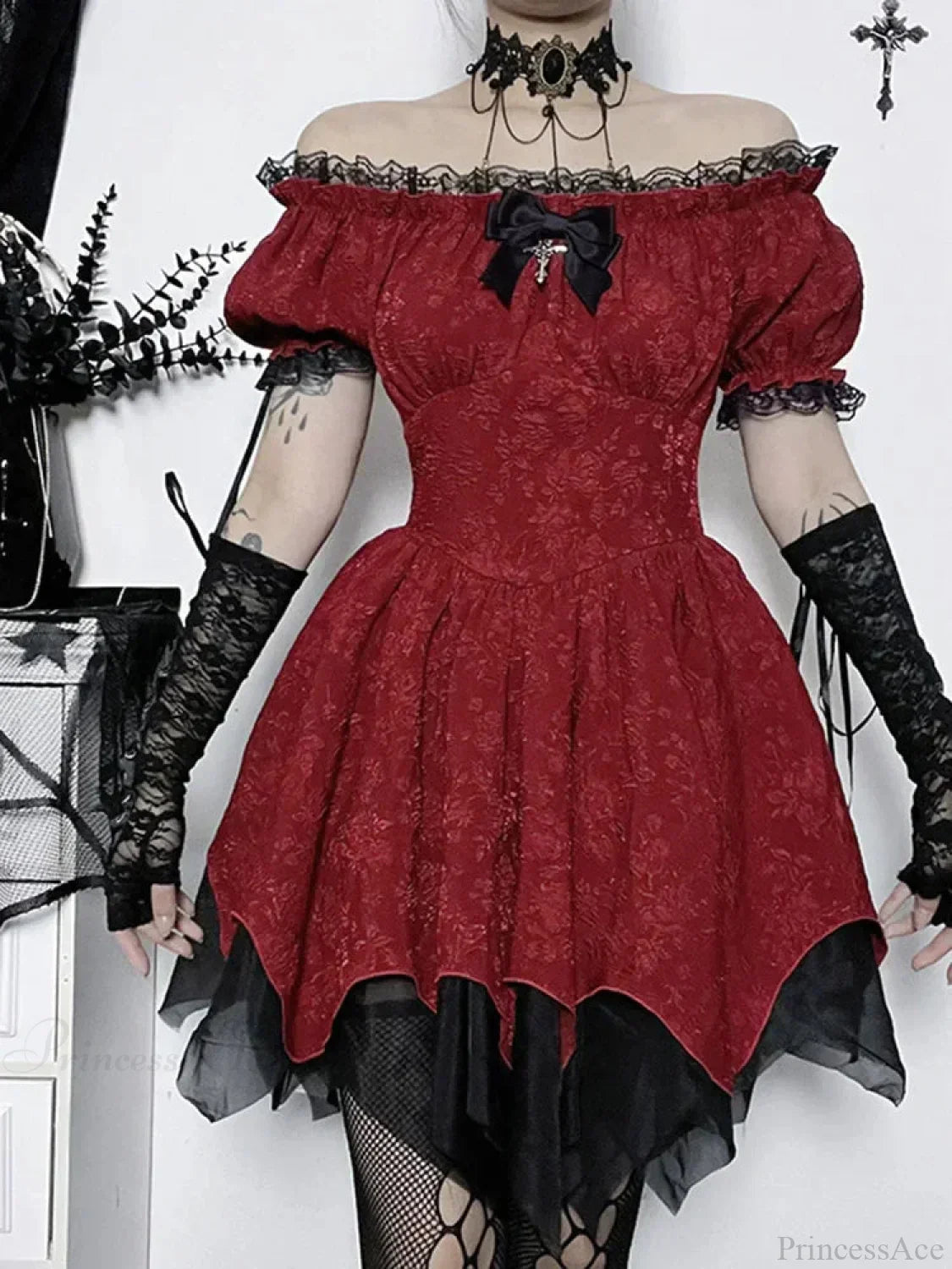 Jacquard Off Shoulder Corset Belt Lace Up Handkerchief Hem Mini Dress