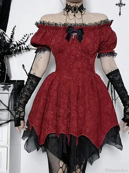 Jacquard Off Shoulder Corset Belt Lace Up Handkerchief Hem Mini Dress