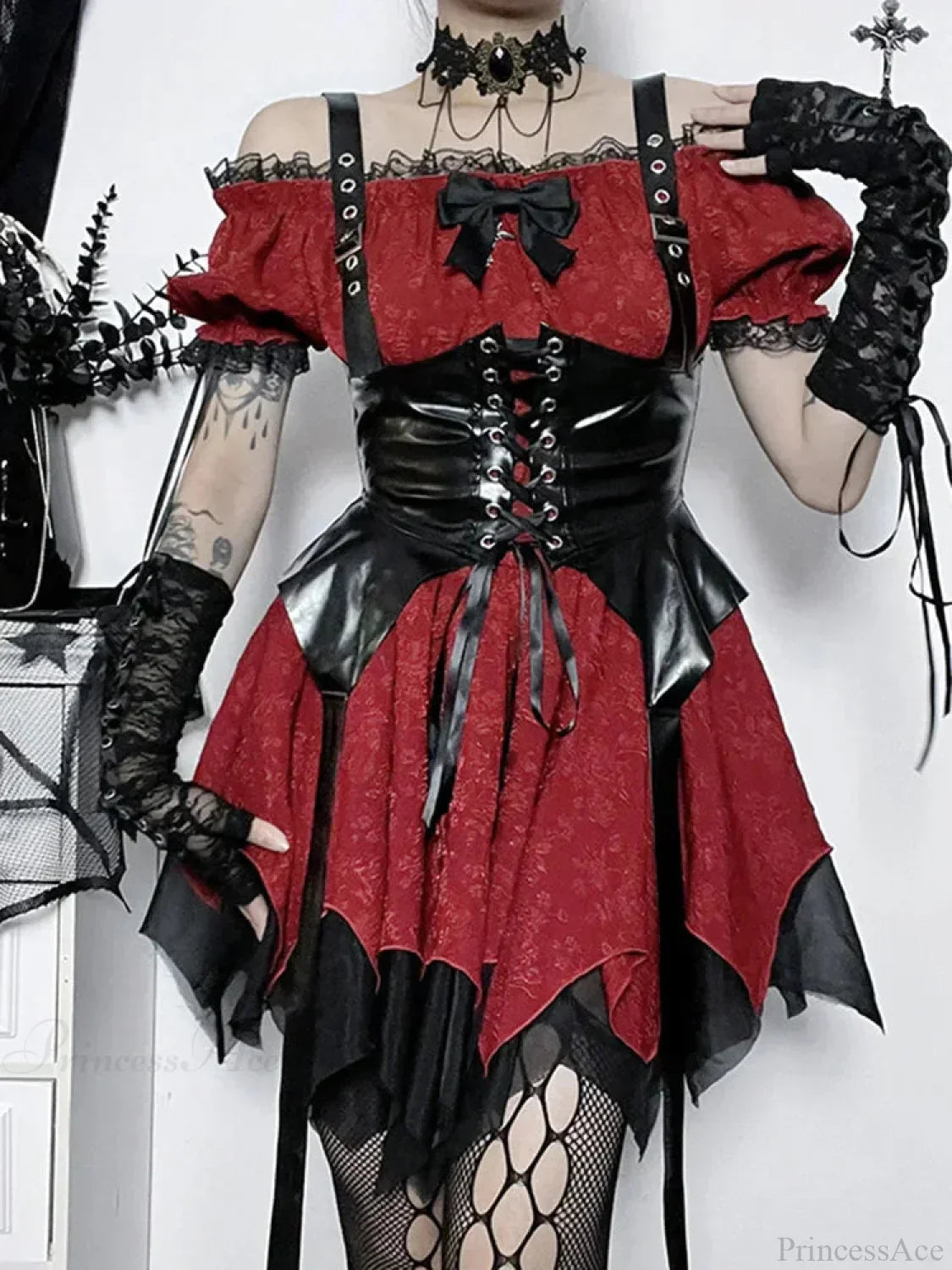 Jacquard Off Shoulder Corset Belt Lace Up Handkerchief Hem Mini Dress
