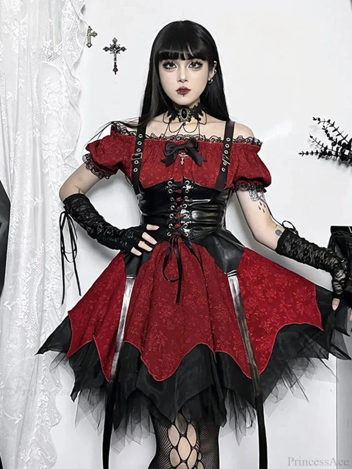 Jacquard Off Shoulder Corset Belt Lace Up Handkerchief Hem Mini Dress