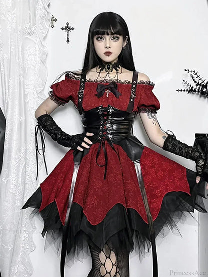Jacquard Off Shoulder Corset Belt Lace Up Handkerchief Hem Mini Dress