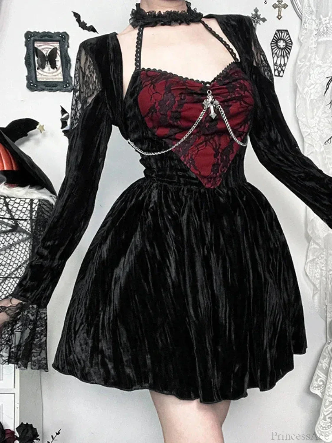 Velvet Lace Heart Panel Halter Choker Cross Chain Mini Dress
