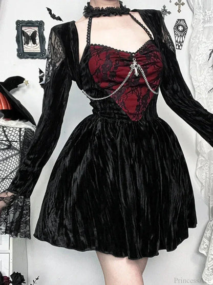 Velvet Lace Heart Panel Halter Choker Cross Chain Mini Dress
