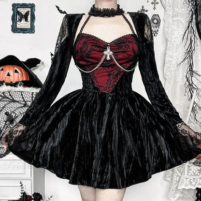 Velvet Lace Heart Panel Halter Choker Cross Chain Mini Dress