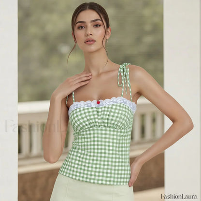 Lace Plaid Fitted Crop Top