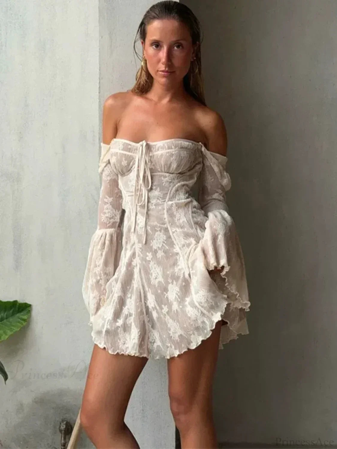 Off Shoulder Tie Front Floral Lace Bell Sleeve Ruffle Hem Mini Dress