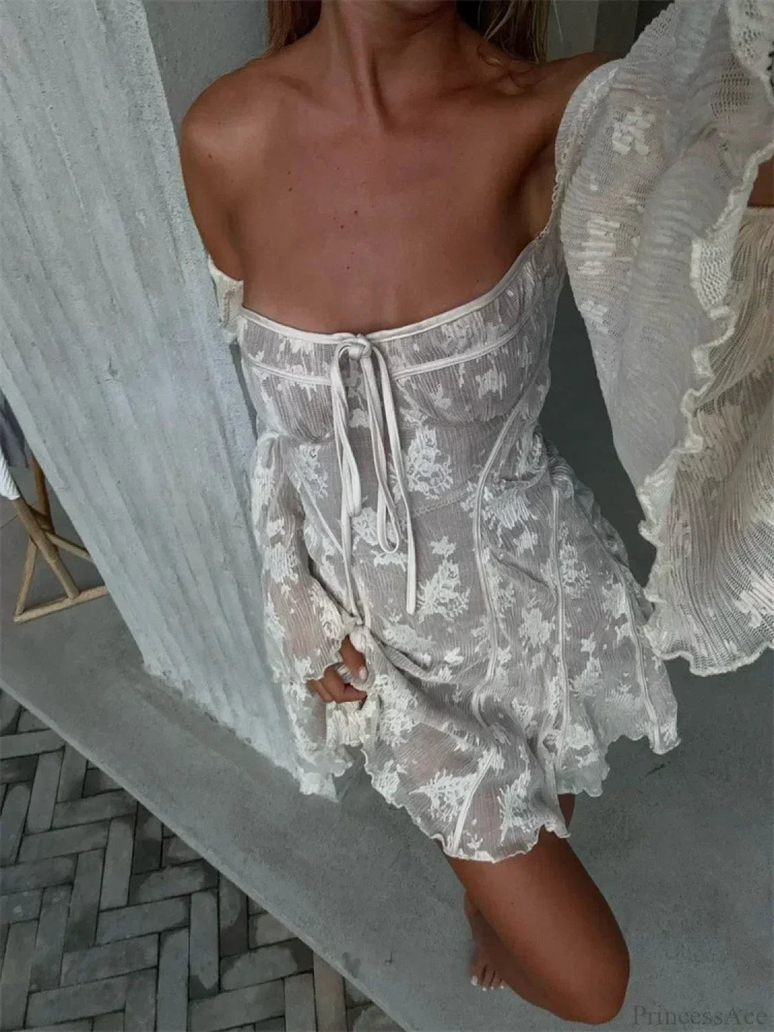 Off Shoulder Tie Front Floral Lace Bell Sleeve Ruffle Hem Mini Dress