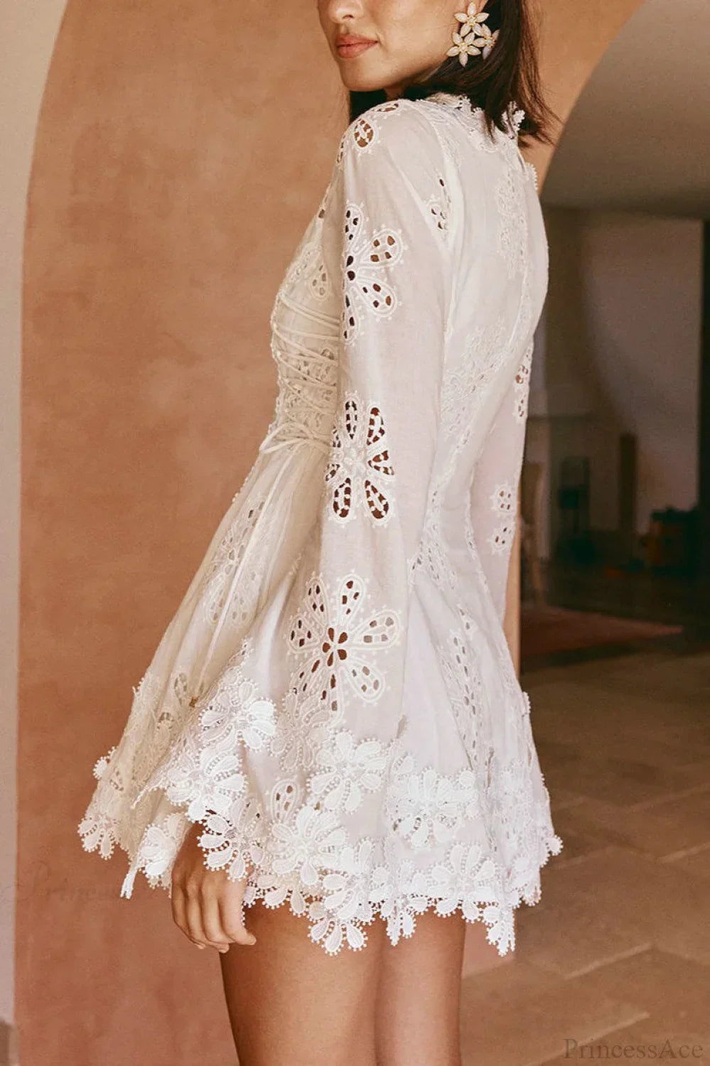 Eyelet Lace Long Sleeve Deep V-Neck Scalloped Hem Fit and Flare Mini Dress
