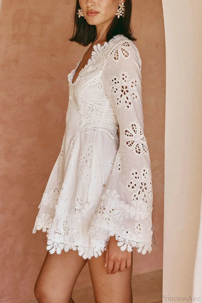 Eyelet Lace Long Sleeve Deep V-Neck Scalloped Hem Fit and Flare Mini Dress
