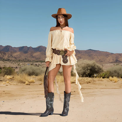 Lace-Up Off-Shoulder Boho Dress