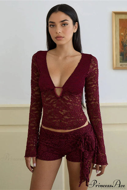Lace V Neck Cutout Long Sleeve Tee