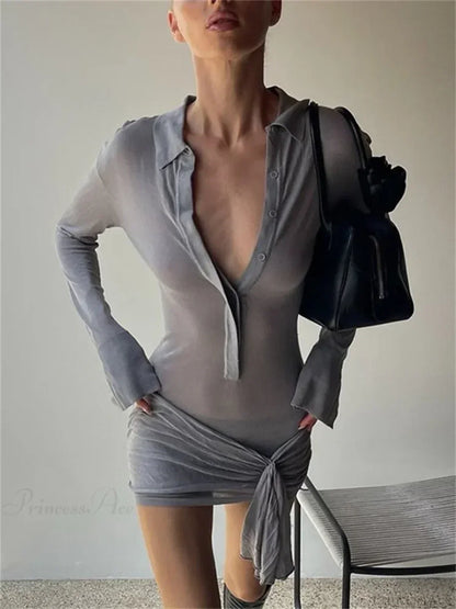 Polo Collar Deep V-Neck Long Sleeve Knotted Drape Sheer Mini Dress