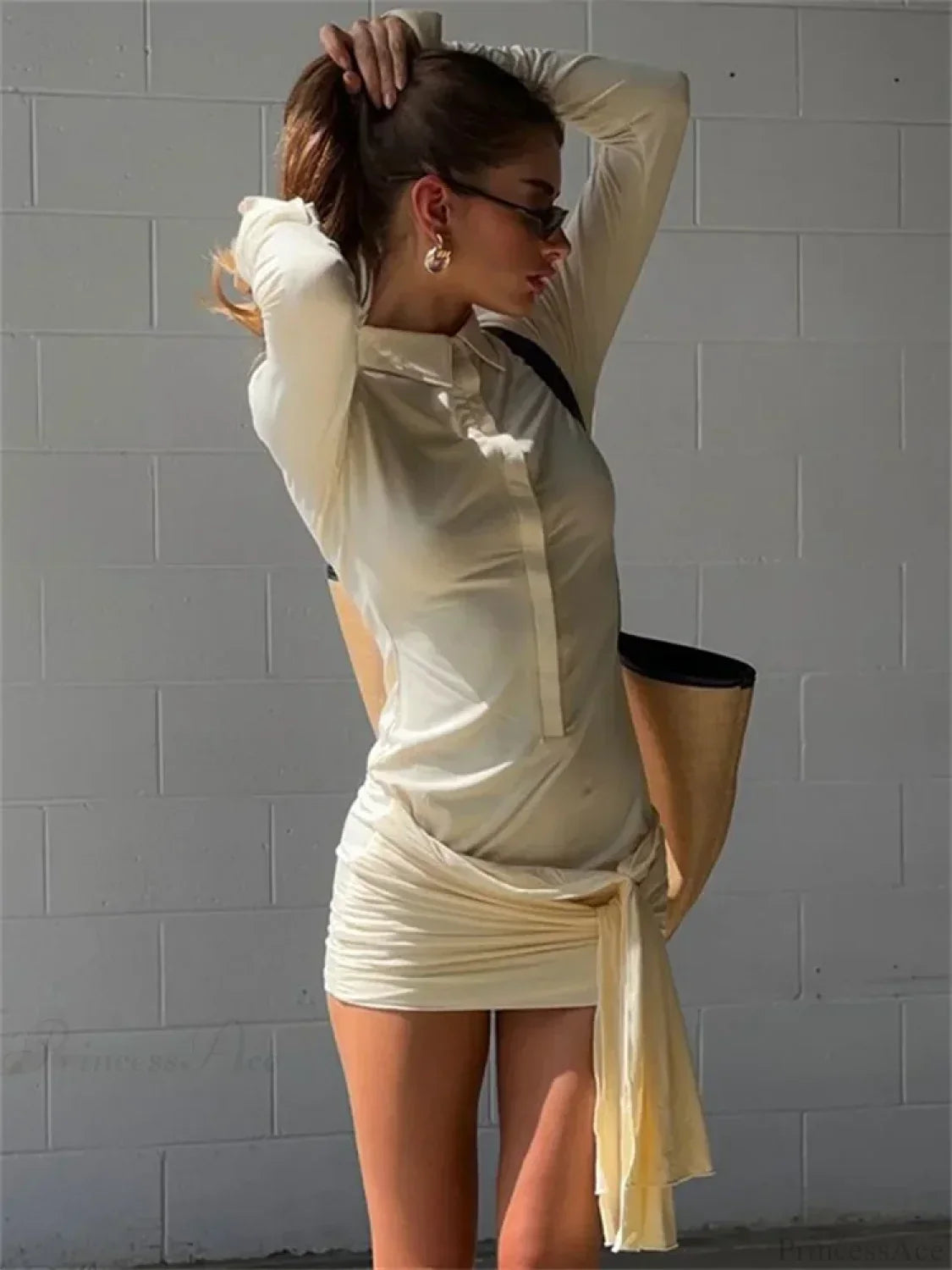 Polo Collar Deep V-Neck Long Sleeve Knotted Drape Sheer Mini Dress