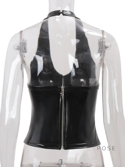 Aahana Faux Leather Halter Crop Top