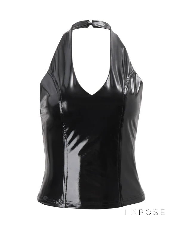 Aahana Faux Leather Halter Crop Top