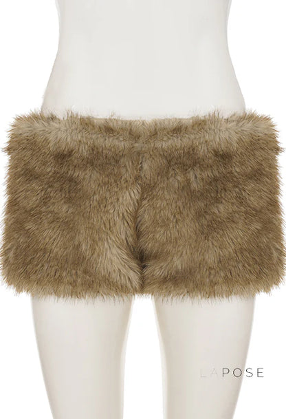 Adeline Khaki Faux Fur Shorts