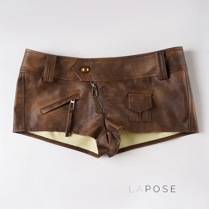 Ainslie Brown Faux Leather Biker Shorts