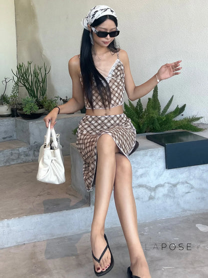 Alize Lace Trim Plaid Skirt Set