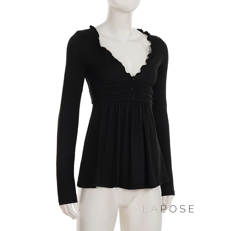 Analy Ruched V-Neck Long Sleeve Top