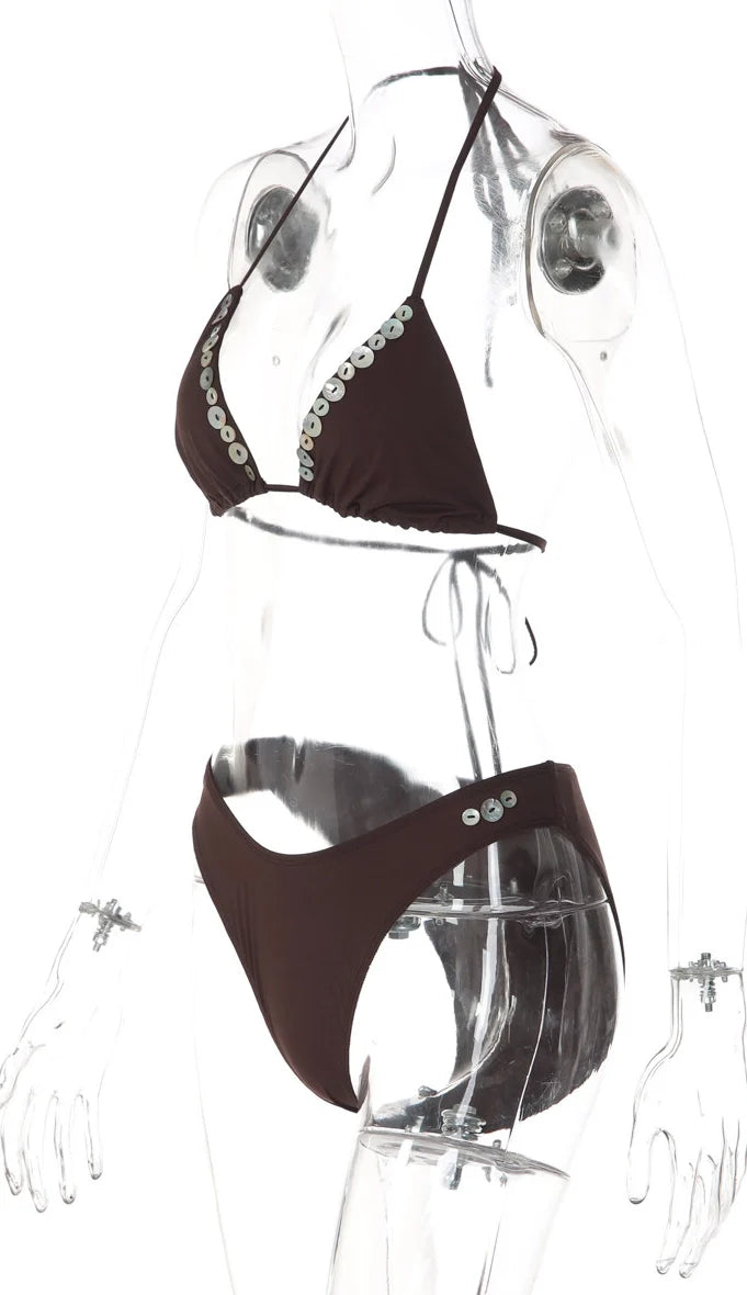 Button Detail Halter Bikini Set