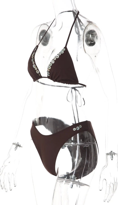 Button Detail Halter Bikini Set