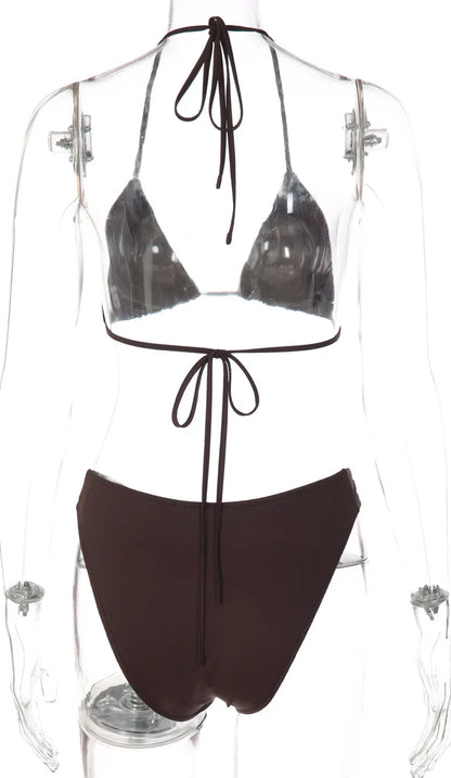 Button Detail Halter Bikini Set