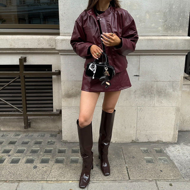 Caila Retro Faux Leather Skirt Set