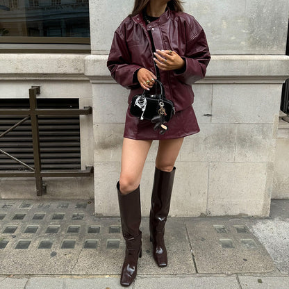Caila Retro Faux Leather Skirt Set