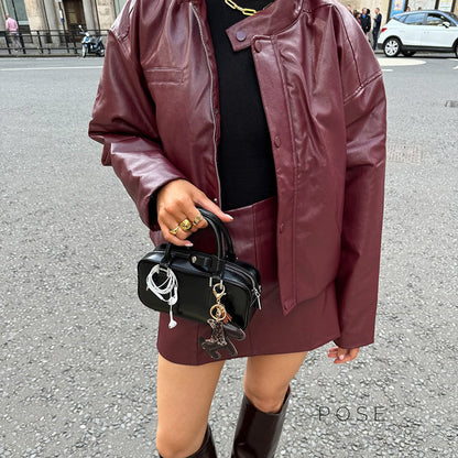 Caila Retro Faux Leather Skirt Set