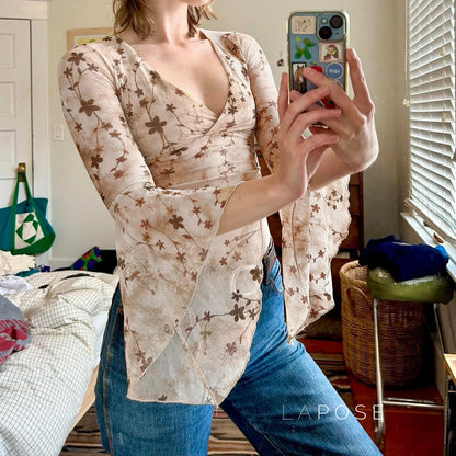 Elaina Printed Bell Sleeve Mesh Top