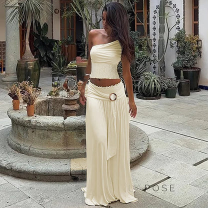 Everett One-Shoulder Pleated Skirt Set