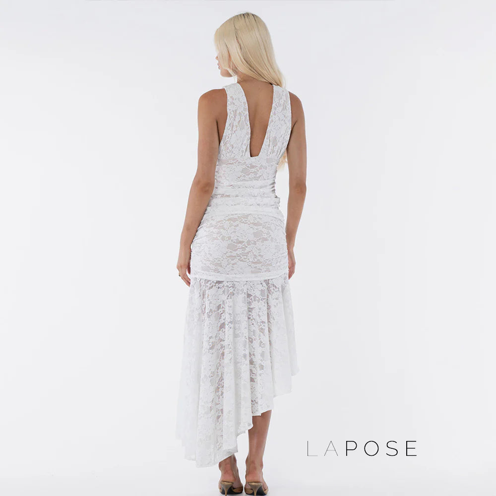 Kaliah Lace Ruched Asymmetric Dress