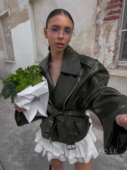 Kamia Green Faux Leather Biker Jacket