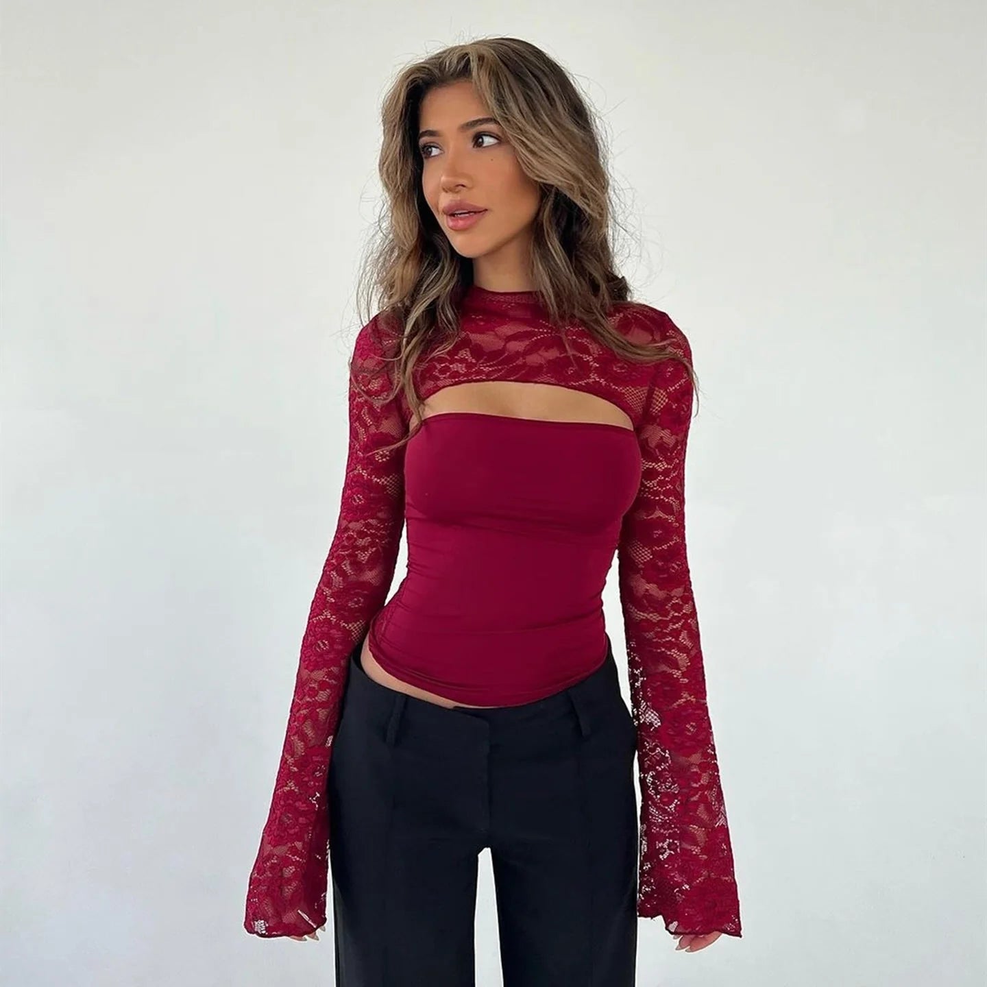 Lace Patchwork Flared Sleeve Top