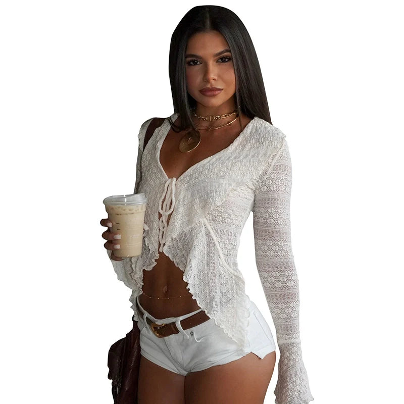 Lace Tie-Front Bell Sleeve Top