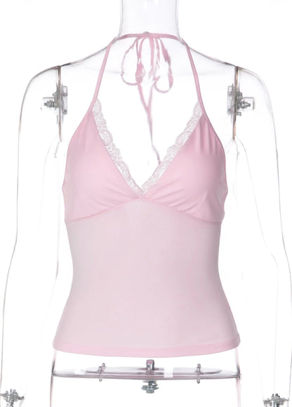 Lace Trim V-Neck Halter Top