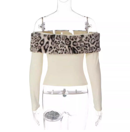 Leopard Print Fur Trim Off-Shoulder Top