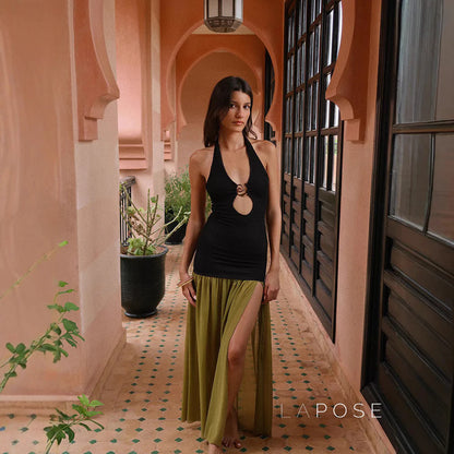 Mairead Spliced Split-Neck Maxi Dress